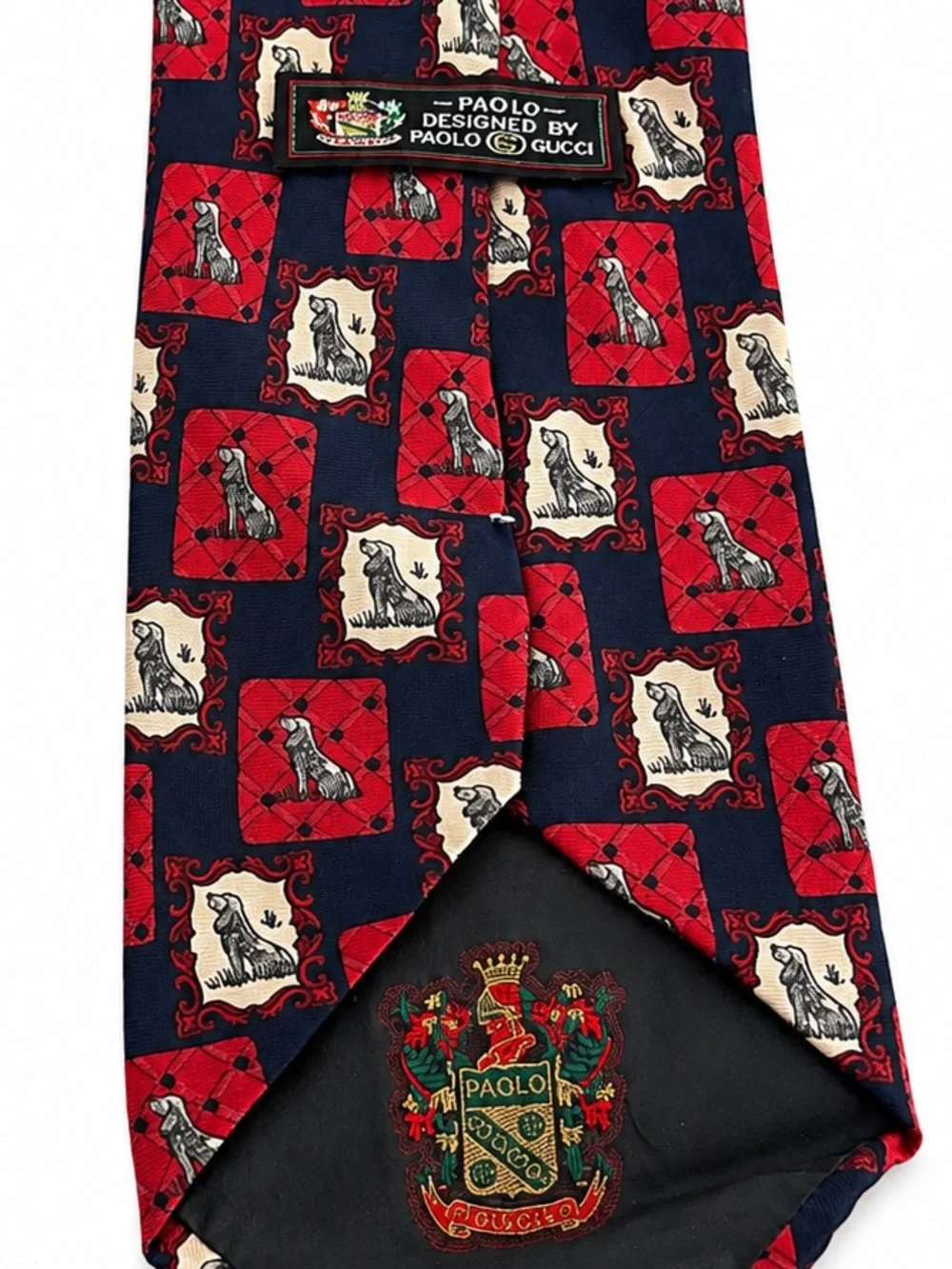 Paolo Gucci 100% Silk Tie Vintage Made in Italy Hunting Dog Red Navy Novelty